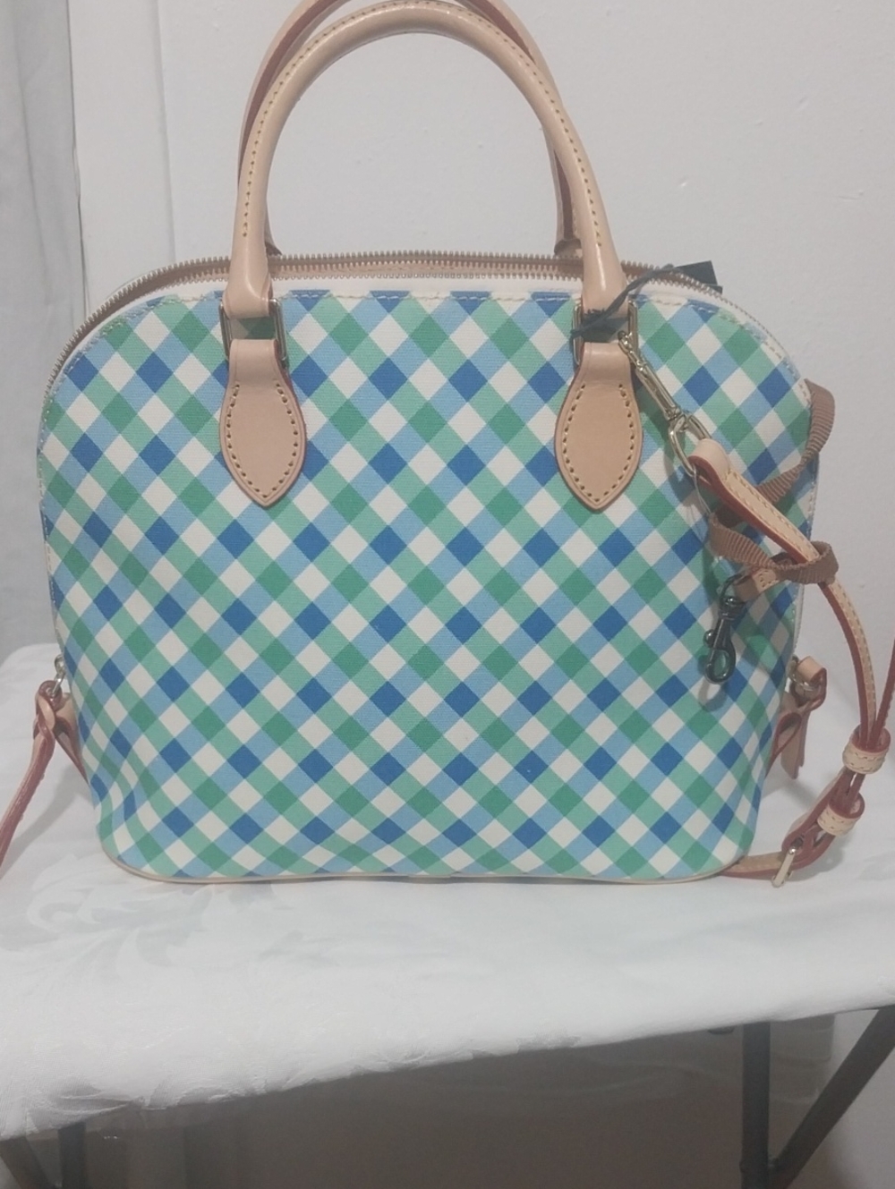 Dooney & Bourke Blue and Green Plaid Satchel with Tan Trim - Picture 2 of 4